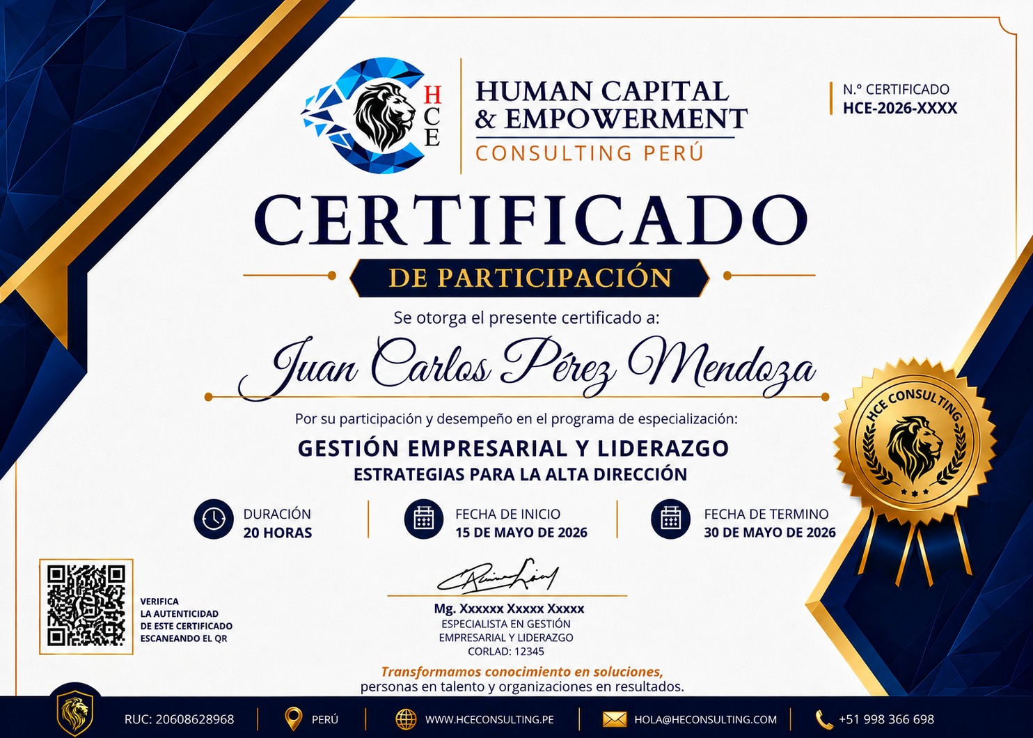 Cara principal del certificado HCE Consulting Per&uacute;