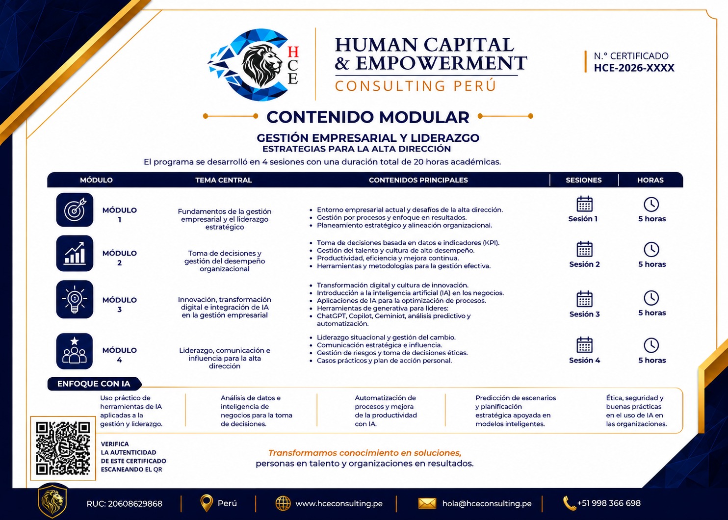 Cara posterior del certificado con el contenido modular