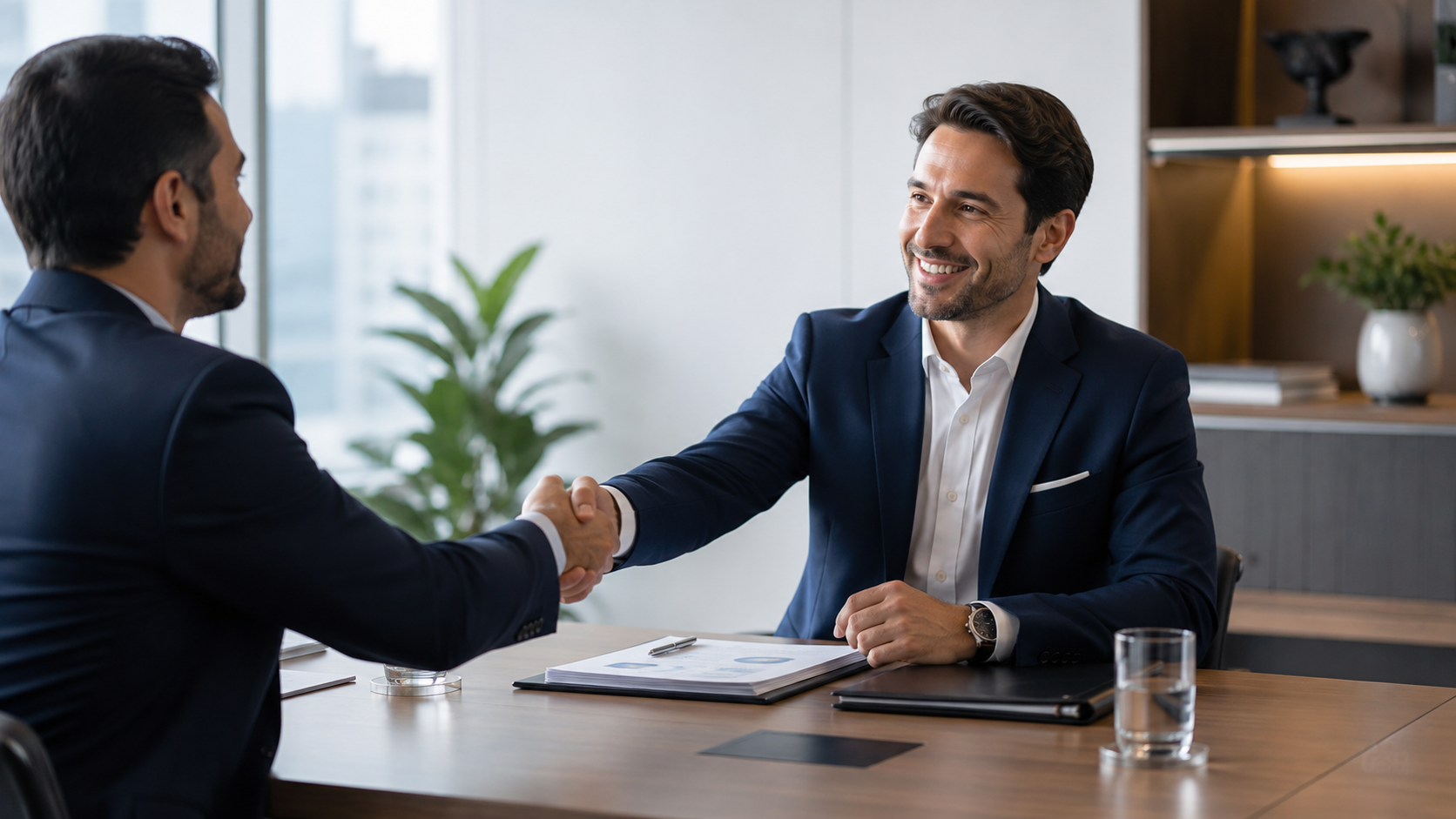 Consultor estrechando la mano de un cliente en una reunion profesional