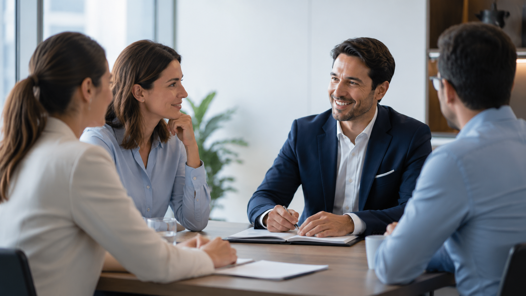 Consultor dialogando con un equipo en una reunion cercana