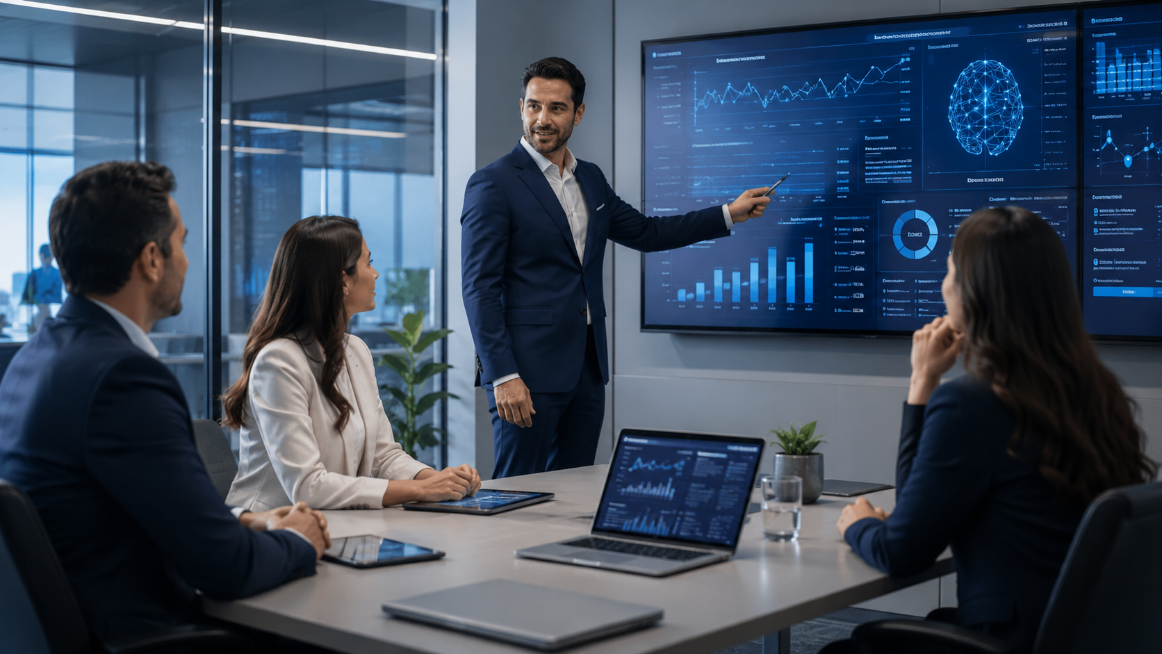 Equipo trabajando con tableros digitales de inteligencia artificial y analitica