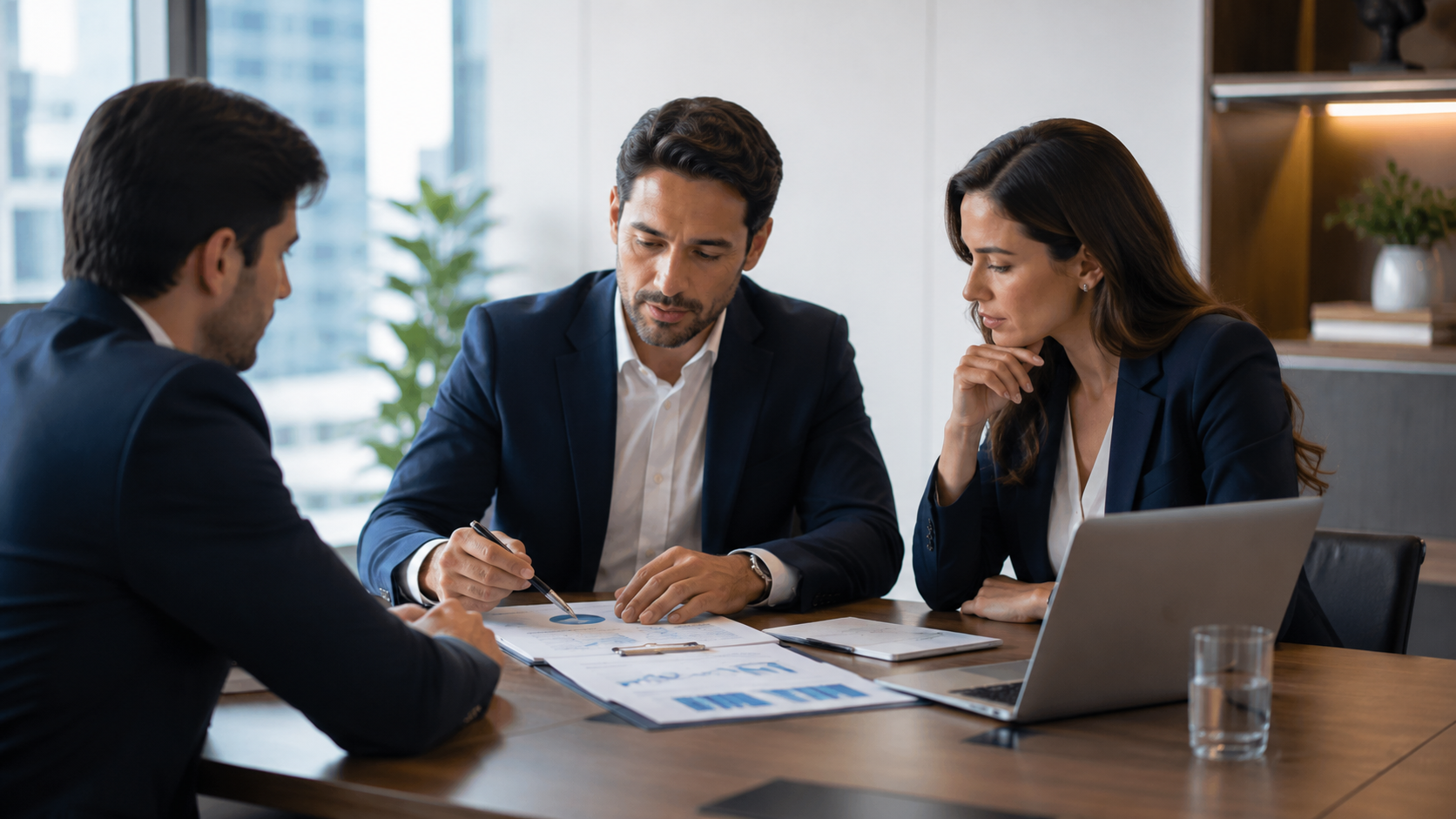 Consultores analizando documentos e indicadores sobre una mesa de trabajo