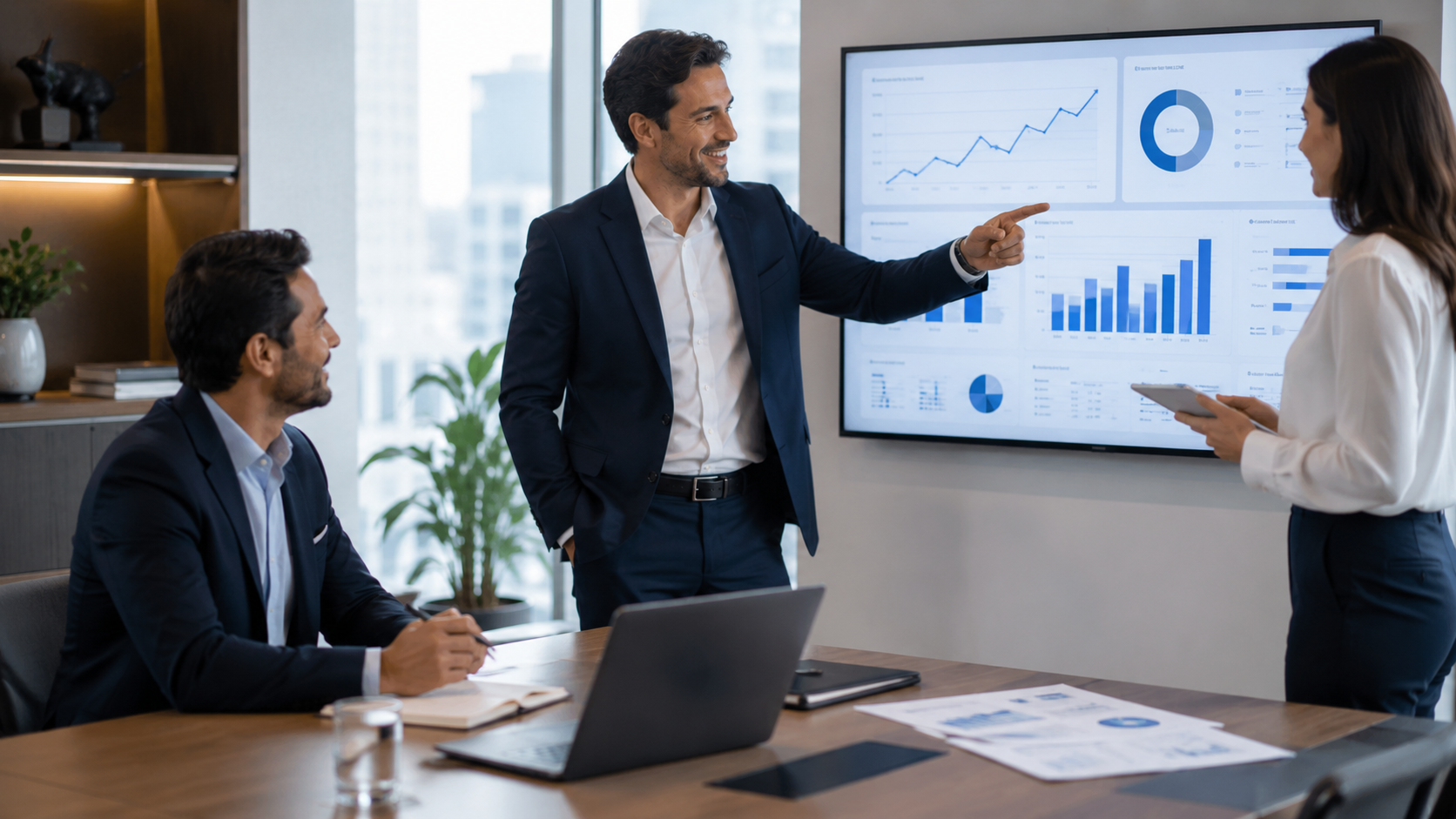 Equipo revisando indicadores y graficos de gestión en una pantalla